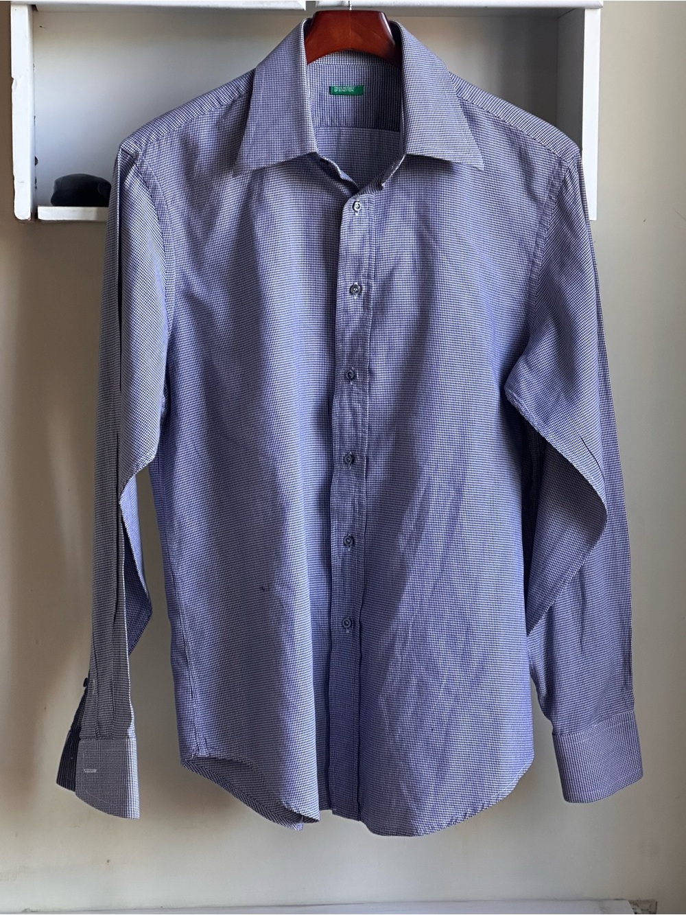 Benetton Micro Houndstooth Navy White Pattern Men’s Dress Shirt Size L